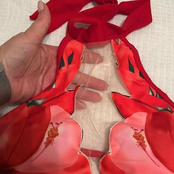 NWOT - Red Floral Halter Open Back One Piece Swimsuit - Picture 3 of 6